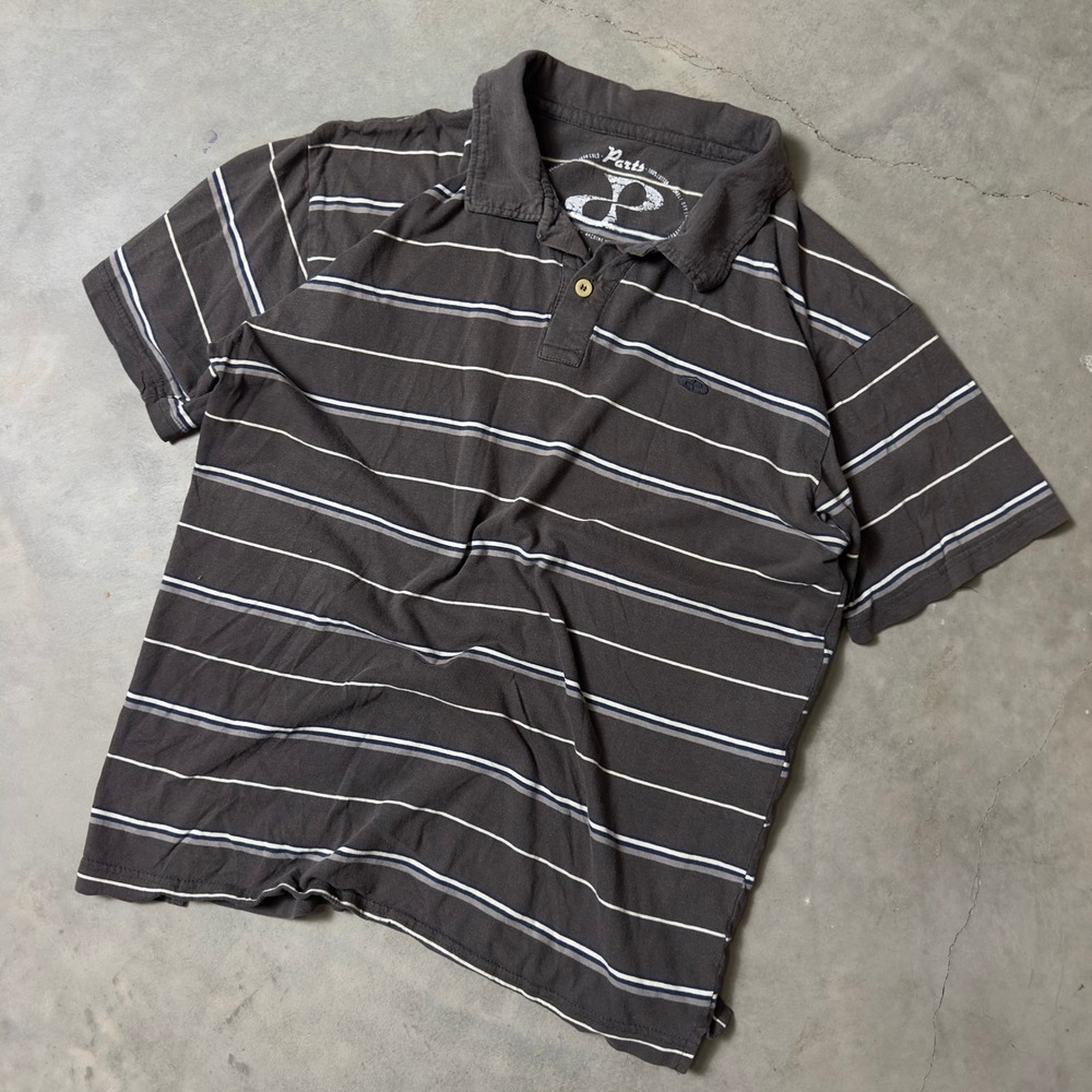 Y2K Parts Striped Polo Shirt Mens Large Grey Short Sleeve Skater Streetwear